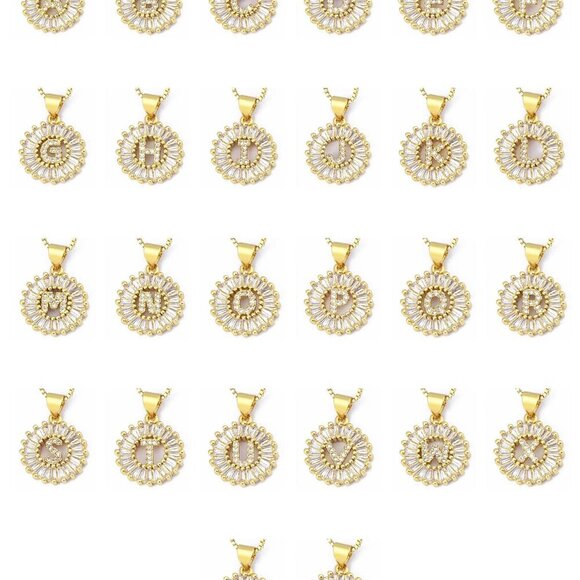 Yellow Gold Plated Women's Letter Detail Cubic Zirconia Round Charm Necklace - Picture 3 of 7